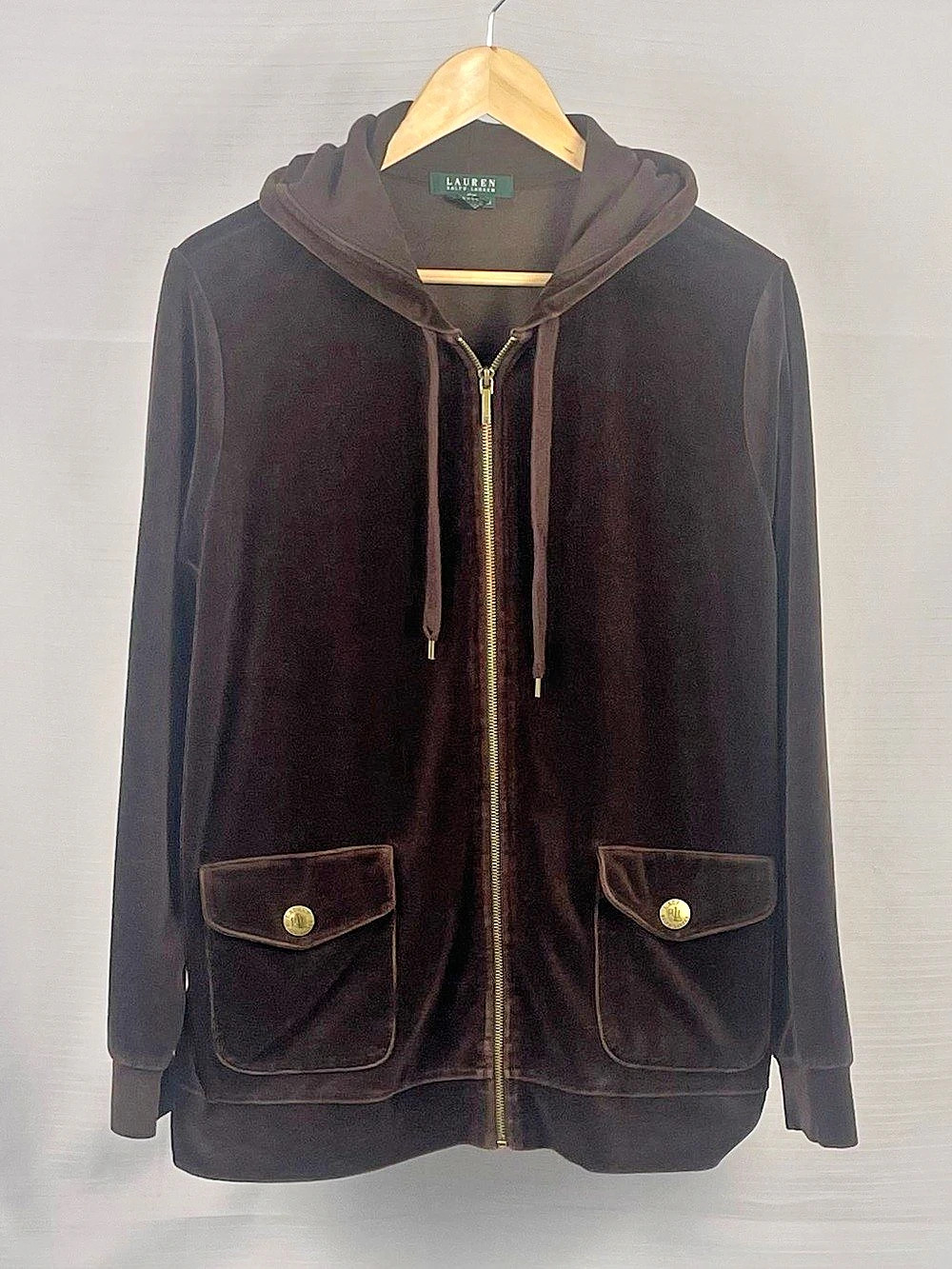 Lauren Ralph Lauren Brown Velour Zip Hoodie Gold Logo 2X